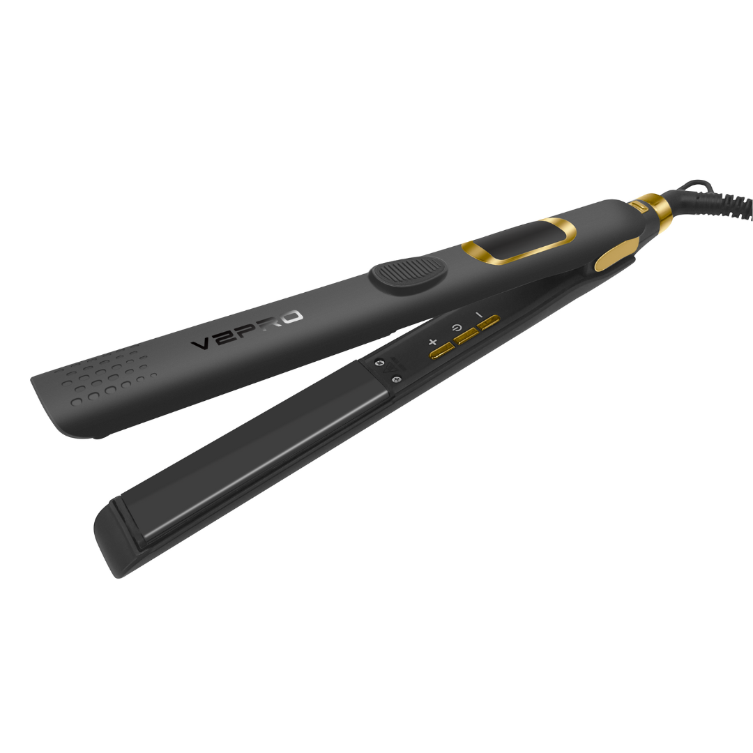 V2PRO professional titanium flat iron with digital temperature display and sleek black and gold design