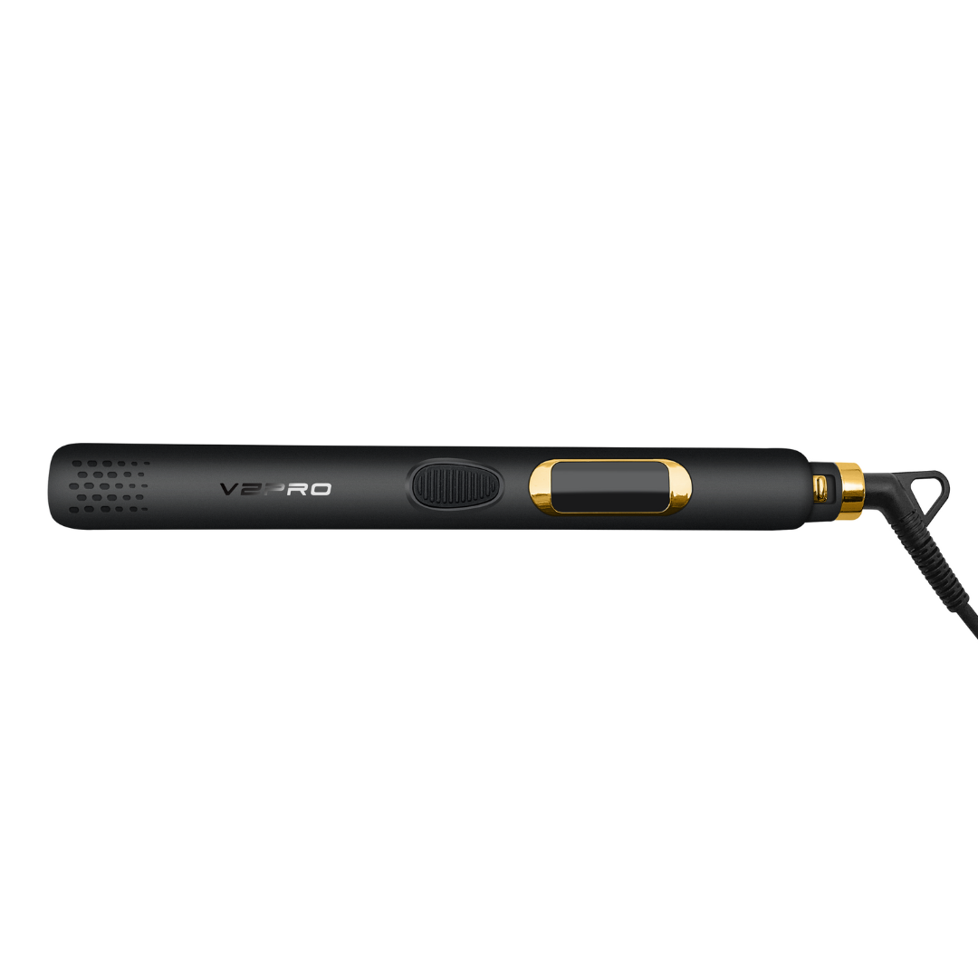 V2PRO professional titanium flat iron with digital temperature display and sleek black and gold design